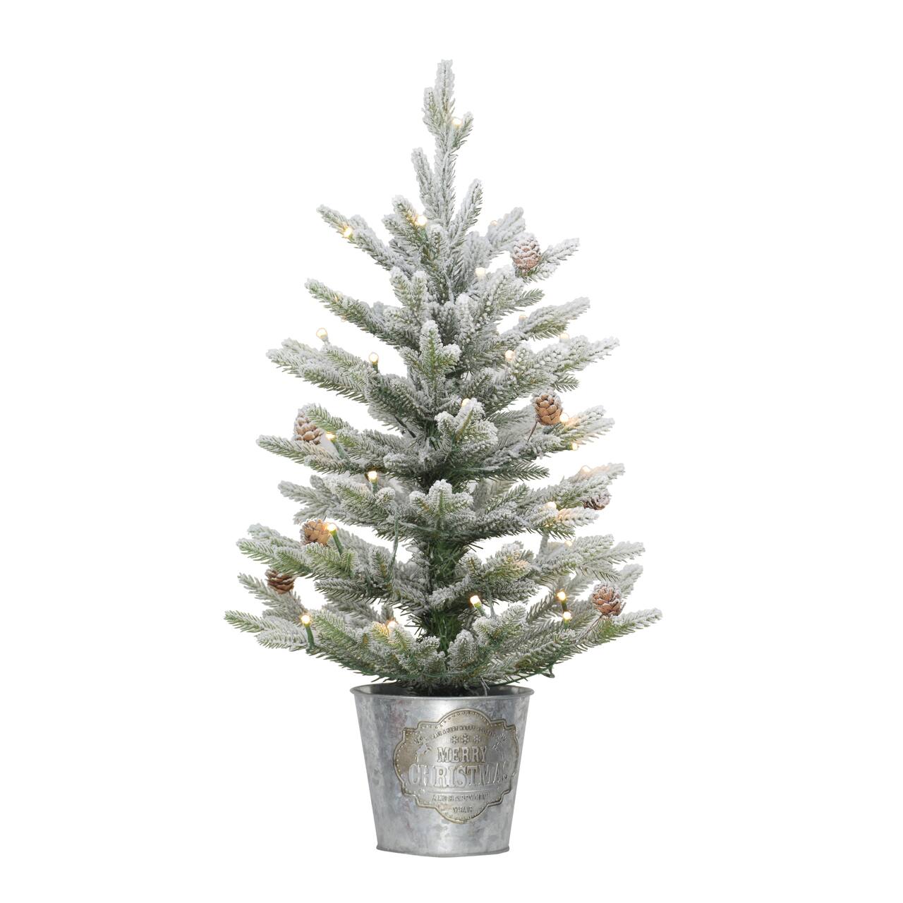 2 ft. Pre-Lit Flocked Table Top Artificial Christmas Tree In Metal Pot